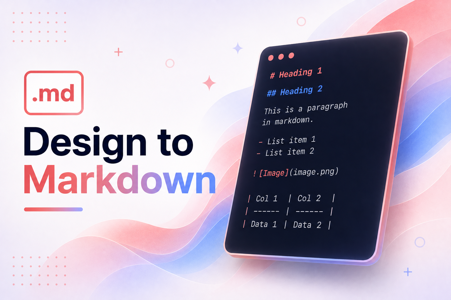 Design to Markdown artwork showing a Markdown document with headings, text, image syntax, and a table