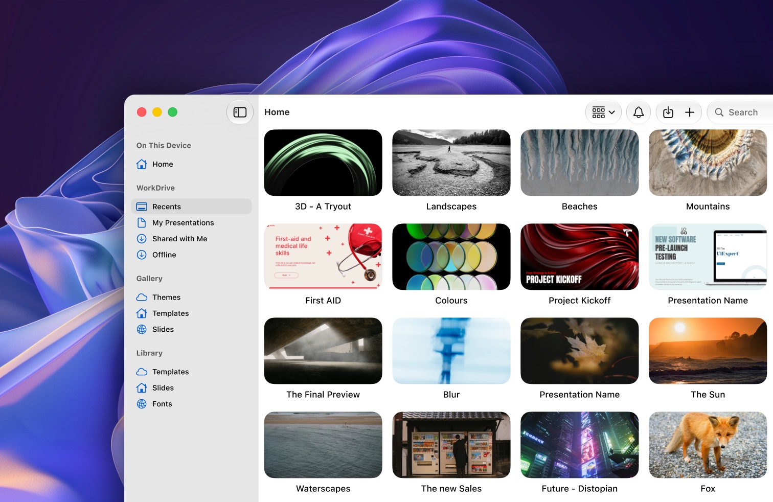 Zoho Show for macOS home screen displaying recent presentations against an abstract purple background